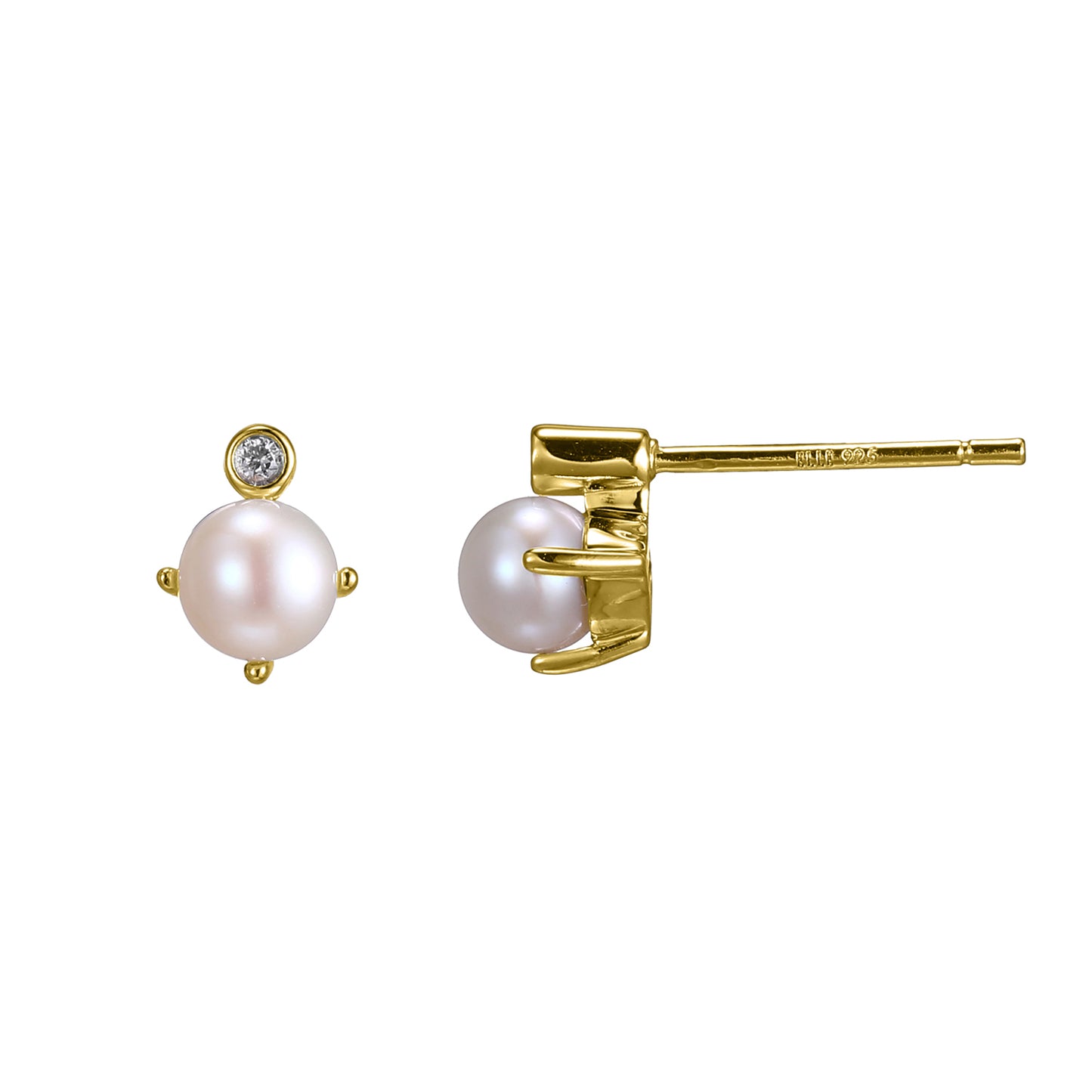 14K Yellow Gold Plated Sterling Silver Post Earrings Genuine White Pearl - June