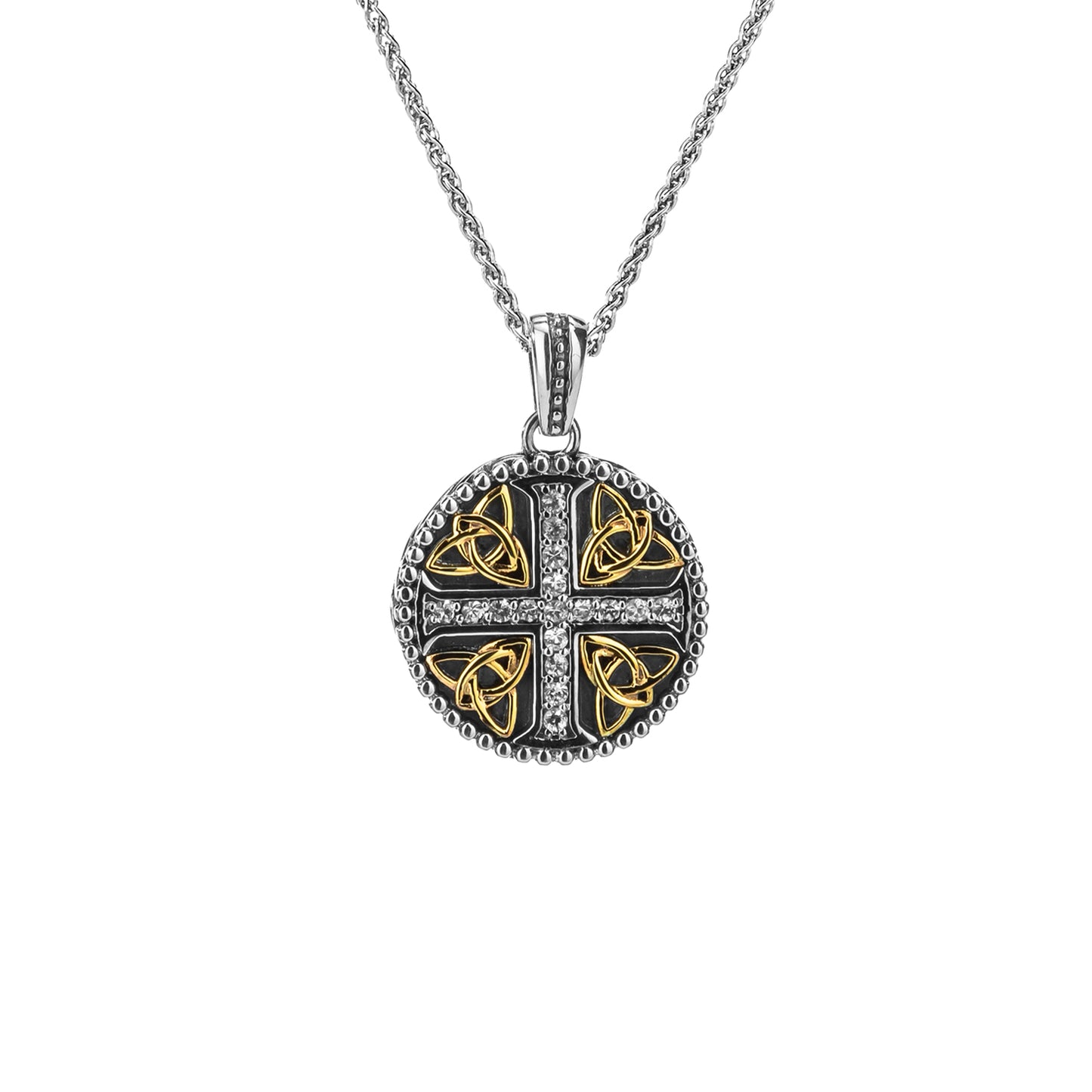 Keith Jack Sterling Silver + 10k White Sapphire 1.7mm(ea) Trinity Cross Oxidized Pendant