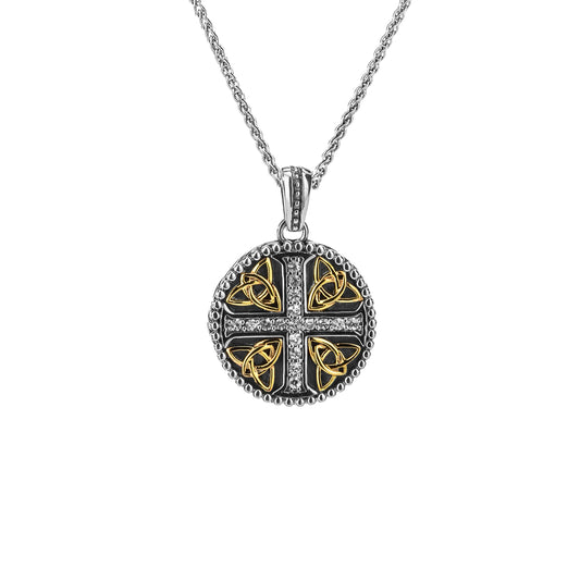 Keith Jack Sterling Silver + 10k White Sapphire 1.7mm(ea) Trinity Cross Oxidized Pendant