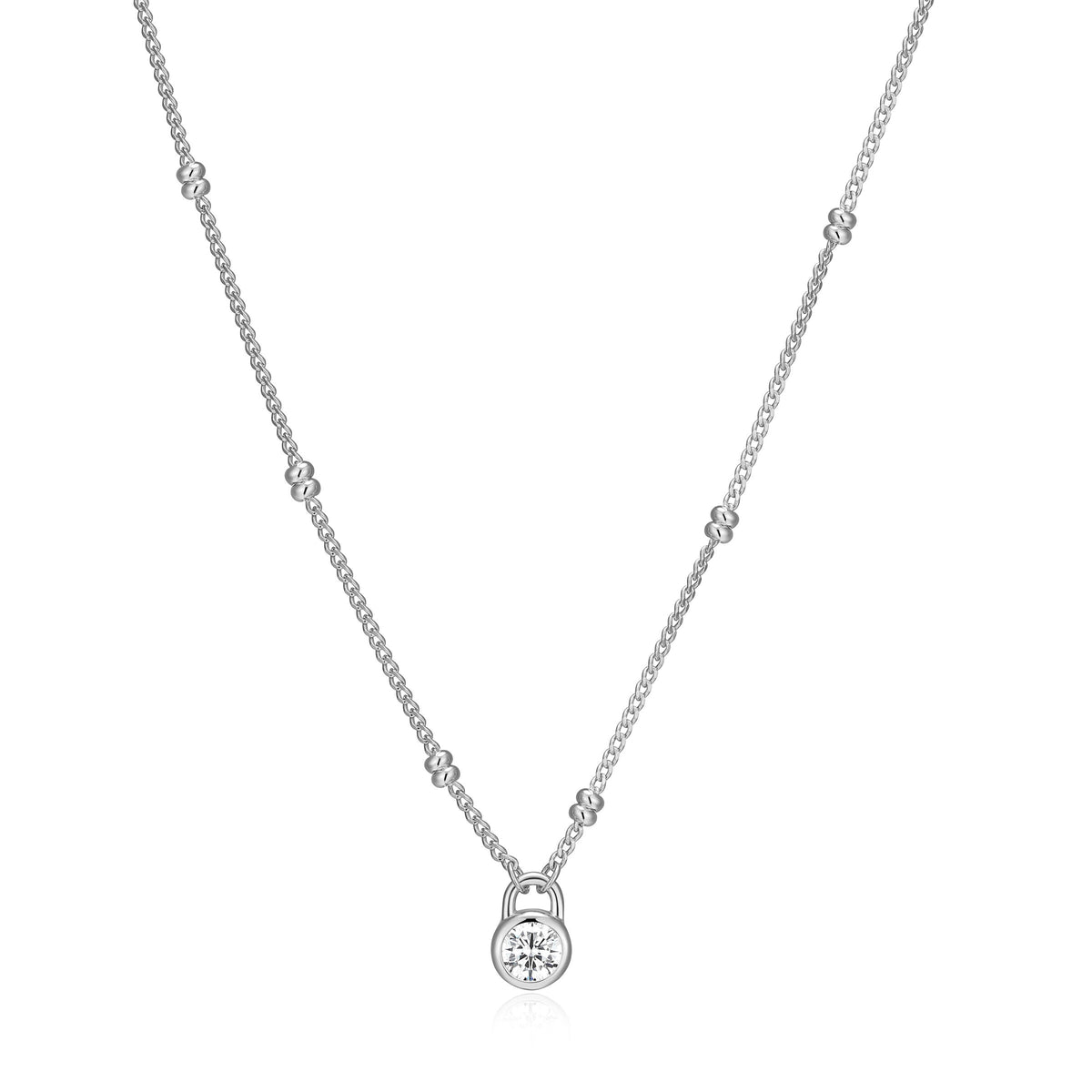 RHODIUM PLATED STERLING SILVER NECKLACE & 0.2000CTW LAB GROWN DIAMOND-1-20PT(F/C G-H/SI) 1.04*1.4 SPACER DOUBLE ADACUS BEAD CURB CHAIN 16" EXT 2"
