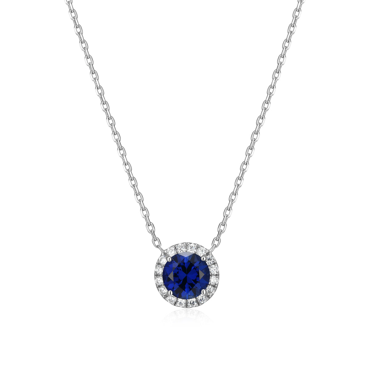 RHODIUM PLATED STERLING SILVER NECKLACE CREATED SAPPHIRE(#34)(B3-B5)(A) RD 6MM & 0.1440CTW & LAB GROWN DIAMOND-16-0.9PT(S/C G-H/SI) 1.0*1.55MM FACETED CROSSED DIAMOND CUT CABLE CHAIN 17" EXT 2"