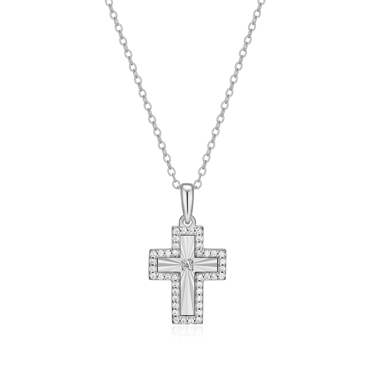 RHODIUM PLATED STERLING SILVER PENDANT NECKLACE 0.2230CTW LAB GROWN DIAMOND-1-1.3PT(F/C G-H/SI) & LAB GROWN DIAMOND-38(S/C G-H/SI) & LAB GROWN DIAMOND-4(S/C G-H/SI) DIAMOND CUT #025 FORZATINA CABLE CHAIN 16" EXT 2"