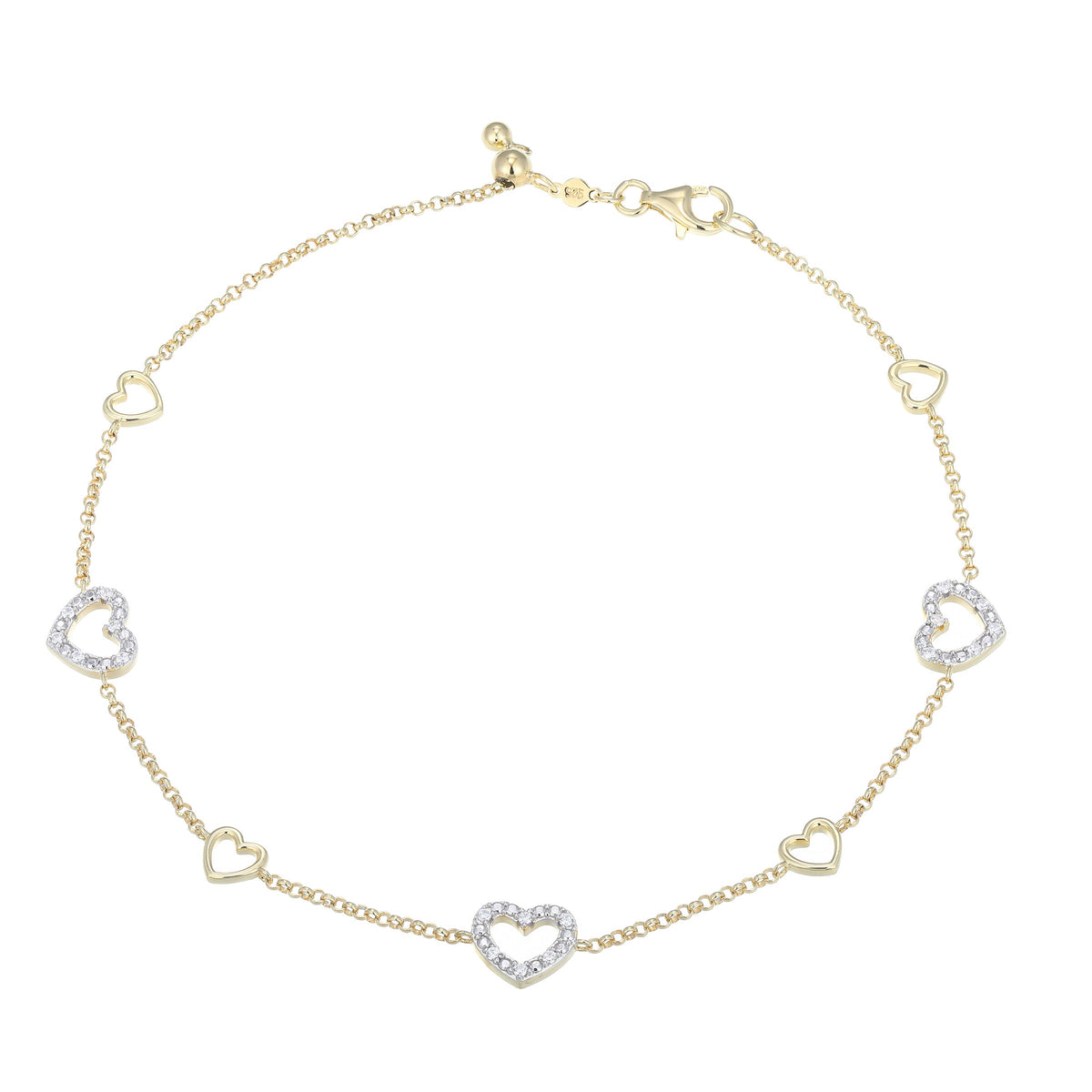 STERLING SILVER YELLOW GOLD AND RHODIUM PLATED ANKLET & 0.1800CTW LAB GROWN DIAMOND-18-1PT(F/C G-H/SI) #020 ROLO CHAIN INGIRTH 10"