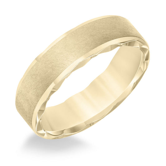 Frederick Goldman Men's wedding band with ultra satin finish bevel edge, side swiss cuts treatment and flat profile.