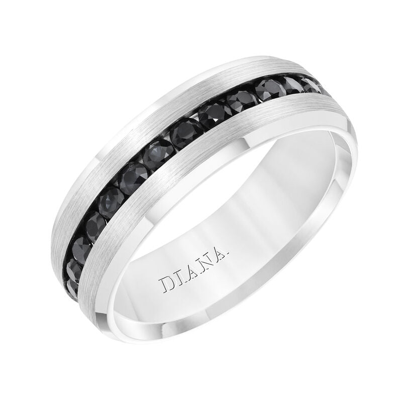 Frederick Goldman Men's Band with Single Row All Around Black Sapphires, Domed Brushed Finish and Bright Beveled Edge