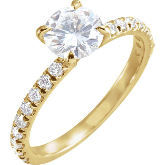 14K Yellow 6.5 mm Round Forever One Moissanite & 1/3 CTW Diamond Engagement Ring