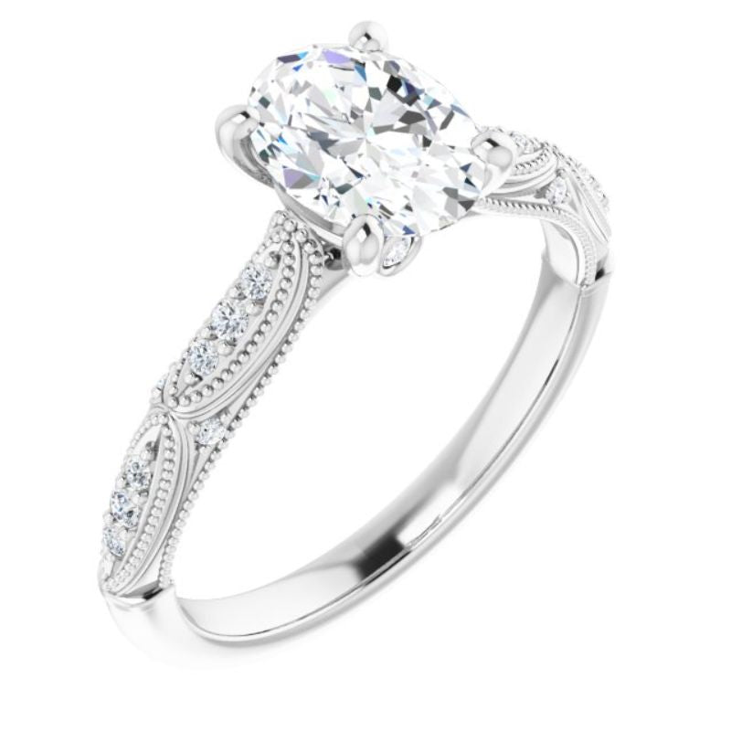 14K White 8x6 mm Oval Forever One Colorless Lab-Grown Moissanite & 1/10 CTW Natural Diamond Engagement Ring