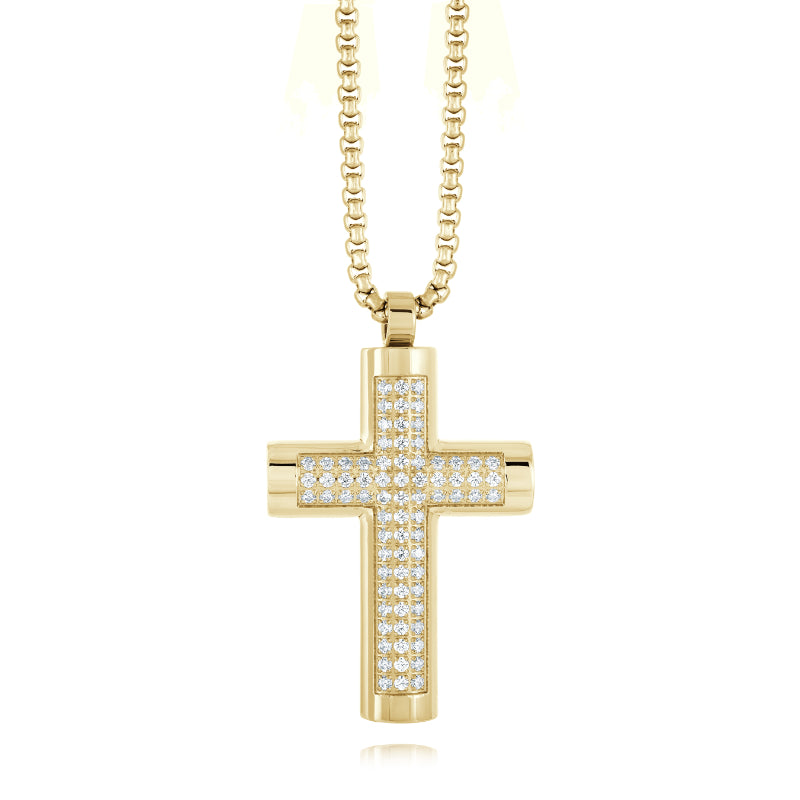 Italgem Steel Gold-Ip-S.Steel Polished White-Cz Cross 22''-Roundbox-Chain