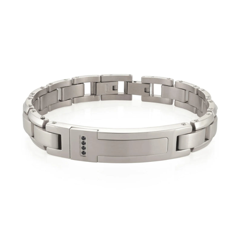 Italgem Steel S.Steel Brushed-Centre-Link Black-Cz Id-Plate 8''+0.5''-Bracelet