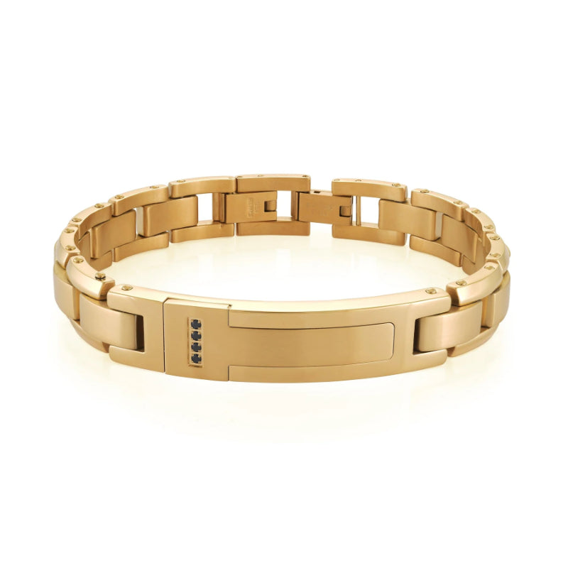 Italgem Steel Gold-Ip-S.Steel Brushed-Centre-Link Black-Cz Id-Plate 8''+0.5''-Bracelet
