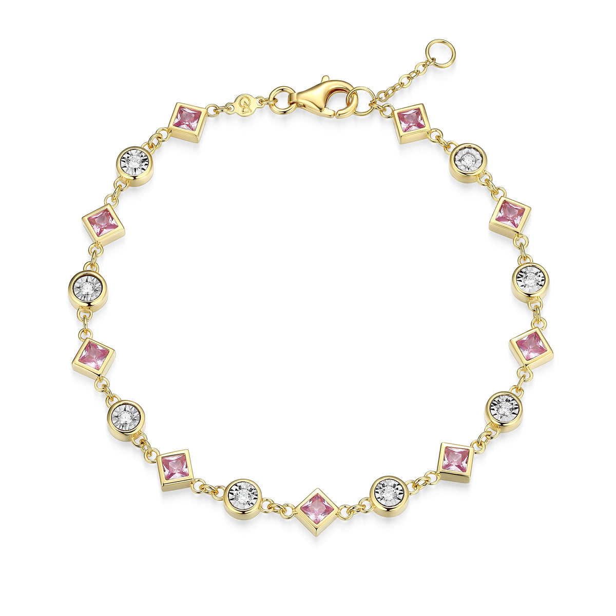 STERLING SILVER YELLOW GOLD AND RHODIUM PLATED BRACELET CREATED PINK SAPPHIRE SQUARE PRINCESS CUT 3MM & 0.2000CTW & LAB GROWN DIAMOND-8-2.5PT(F/C G-H/SI) DIAMOND CUT INGIRTH 6.75" EXT 0.5"