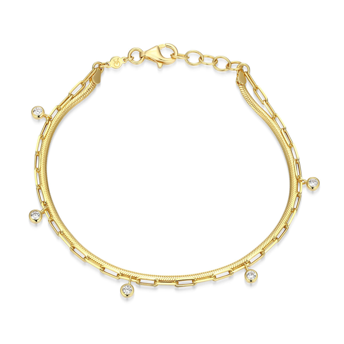 14K YELLOW GOLD PLATED STERLING SILVER BRACELET 0.2000CTW LAB GROWN DIAMOND-5-4PT(F/C G-H/SI) 1.8MM FLAT SOFT SNAKE CHAIN & 2*5.6MM FACETED CROSSED DIAMOND CUT CABLE CHAIN INGIRTH 6.5" EXT 0.5"