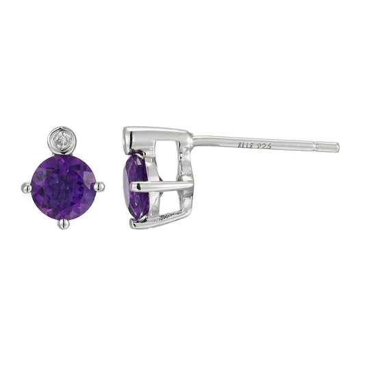 Rhodium Plated Sterling Silver Post Earrings Genuine Africa Amethyst - February