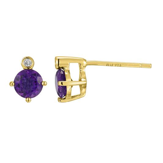 14K Yellow Gold Plated Sterling Silver Post Earrings Genuine Africa Amethyst - February