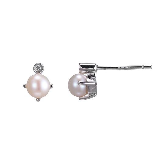 Rhodium Plated Sterling Silver Post Earrings Genuine White Pearl - June