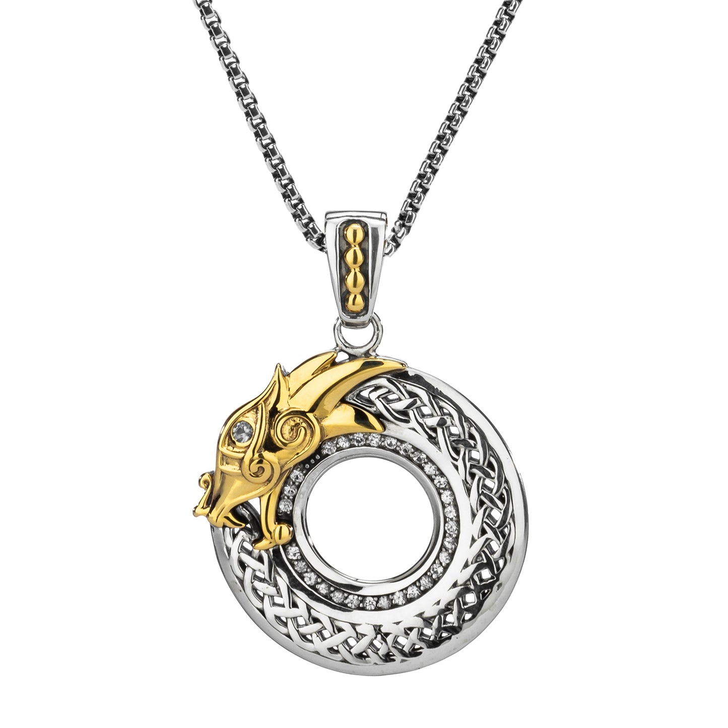 Keith Jack Sterling Silver + 10k Gold Head + White Sapphire(1.3mm) Dragon Pendant