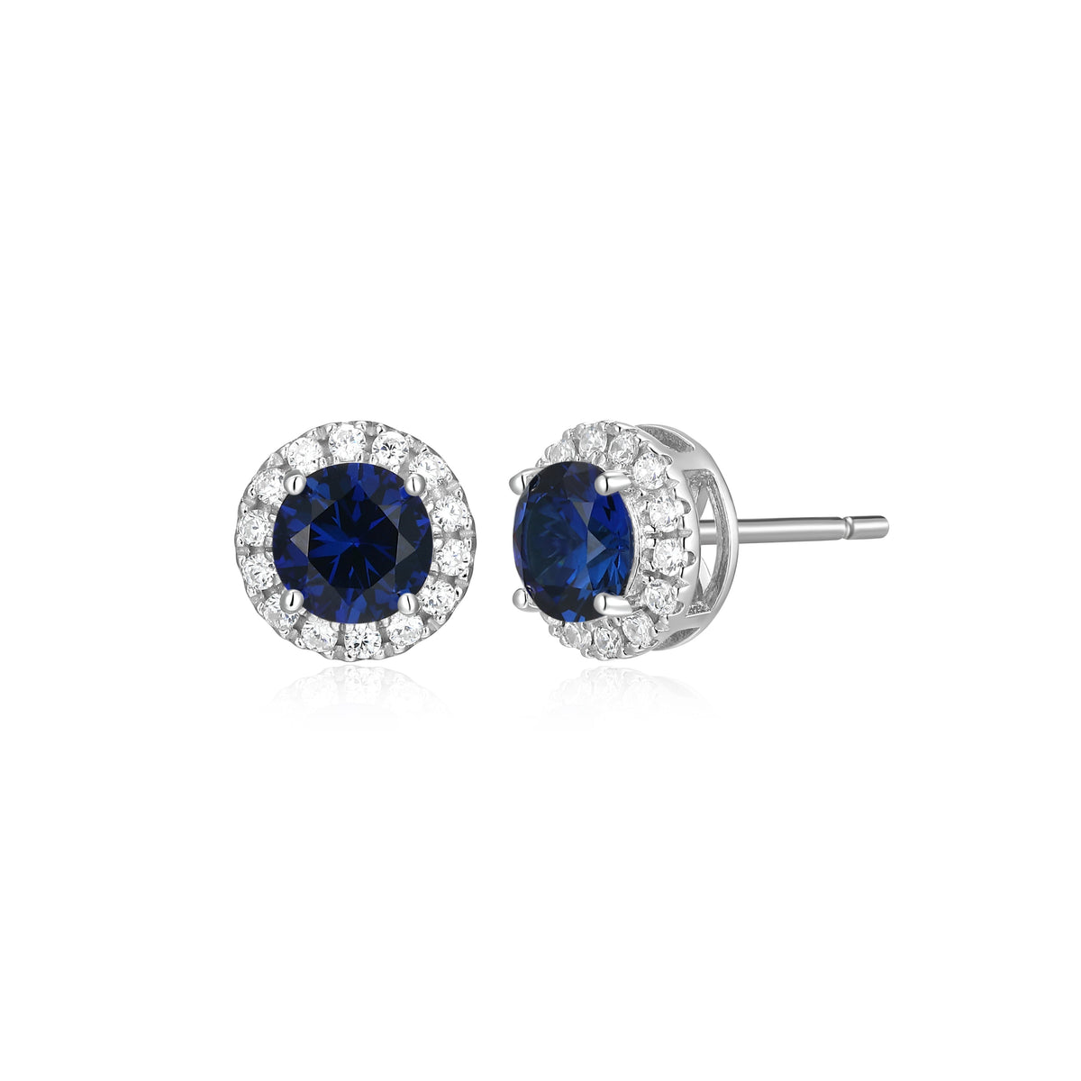 RHODIUM PLATED STERLING SILVER POST EARRINGS CREATED SAPPHIRE(#34)(B3-B5)(A) RD 4.75MM & 0.1680CTW & LAB GROWN DIAMOND-28(S/C G-H/SI)