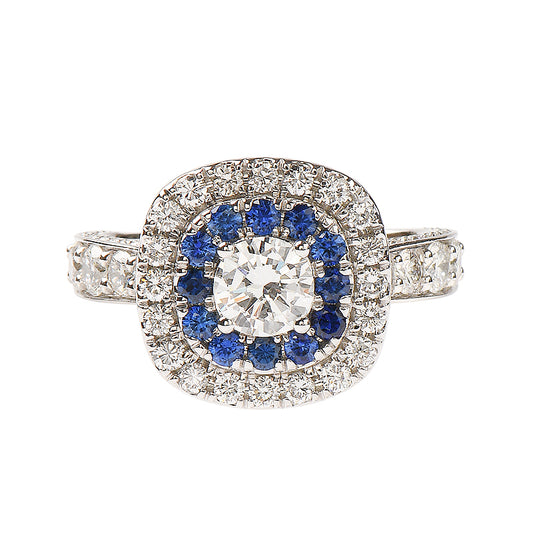 Double Halo Sapphire and Diamond Ring