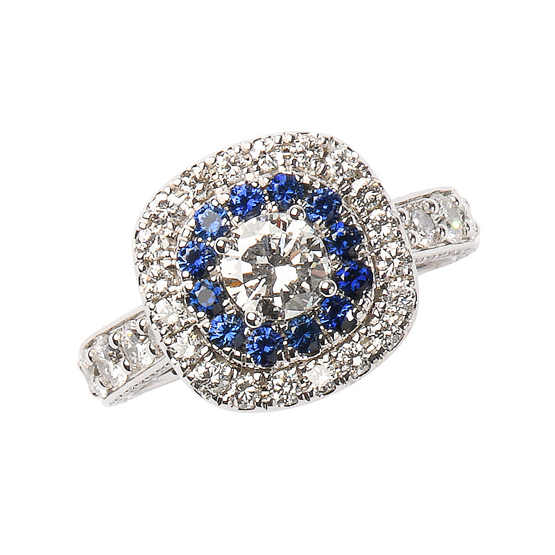 Double Halo Sapphire and Diamond Ring