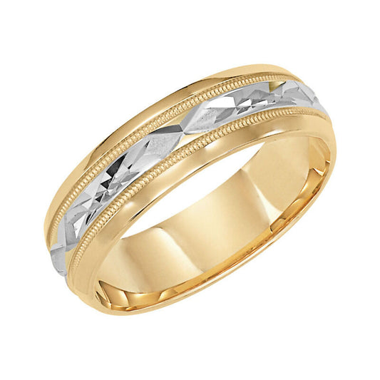 Frederick Goldman Men's wedding band with diamond cut engraved finish, milgrain accent with bevel edges low dome profile