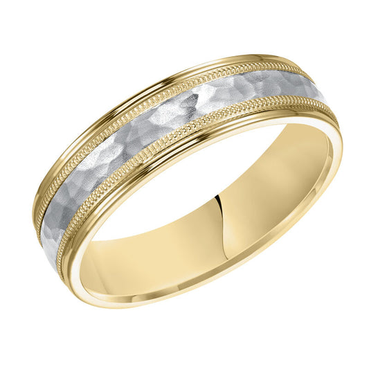 Frederick Goldman Comfort fit two tone wedding band with brushed hammered finish and milgrain Please note hand hammered styles will have slight variations due to the nature of the manufacturing process