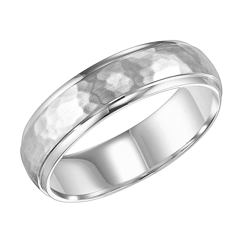 Frederick Goldman Mens wedding band with hammer  satin finish and round edges with dome profile Please note hand hammered styles will have slight variations due to the nature of the manufacturing process
