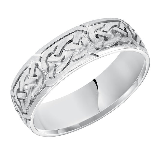 Frederick Goldman This finely crafted, Comfort Fit wedding band features an exquisite Celtic knot design, satin finish and flat edges to complete the look