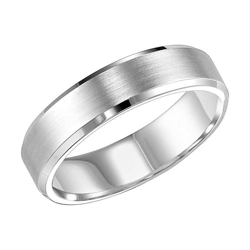 Frederick Goldman This crisp yet timeless, Comfort Fit wedding features a brushed finish with beveled edge