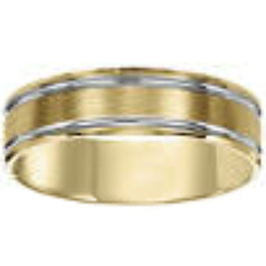 Frederick Goldman Flat Top Flat Edge Carved Wedding Band, Featuring a two-tone gold, brushed finish with contrasting channels and a stepped edge, this Comfort Fit wedding band is simply luxurious