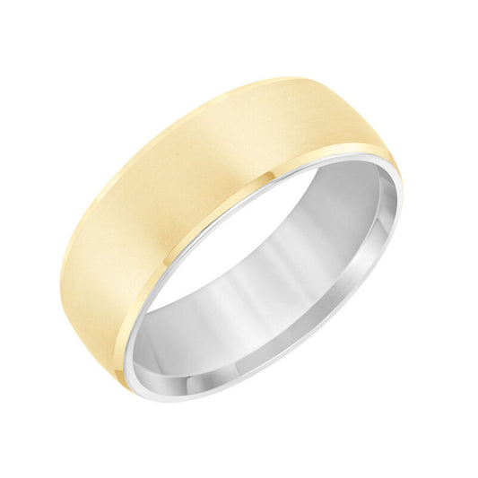 Frederick Goldman It is all in the details with this luxuriously designed two-tone gold, Comfort Fit wedding band featuring a satin finish with rolled edge