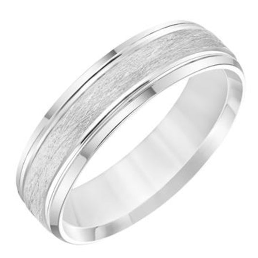 Frederick Goldman Flat Bevel Edge Carved Wedding Band, Mens Comfort Fit Wedding Band with Wire Finish and Polished Side Lines and Polished Bevel Edge