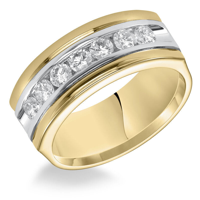 Frederick Goldman This 7 stone diamond, two-tone gold wedding band features a low-domed style, semi-square profile, bright polished finish and flat edges