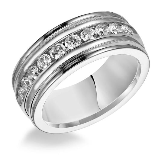 Frederick Goldman Traditional milgrain paired with a modern, bright finish, round edges and 10 stone channel set diamonds are the perfect combination for this exquisite, Comfort Fit, wedding band
