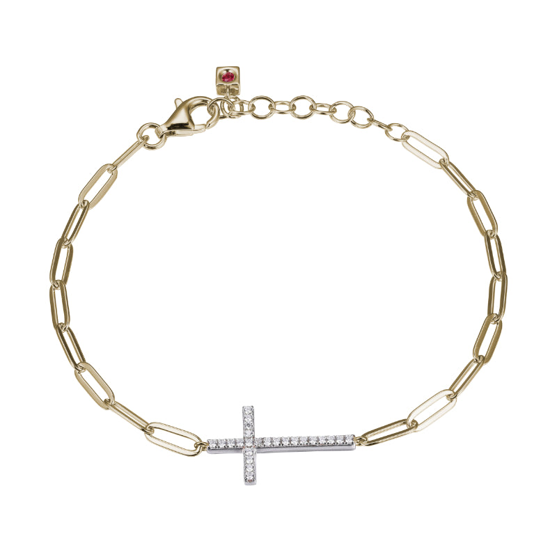 Elle Sterling Silver Bracelet made of Paperclip Chain (3mm) and CZ Cross in Center