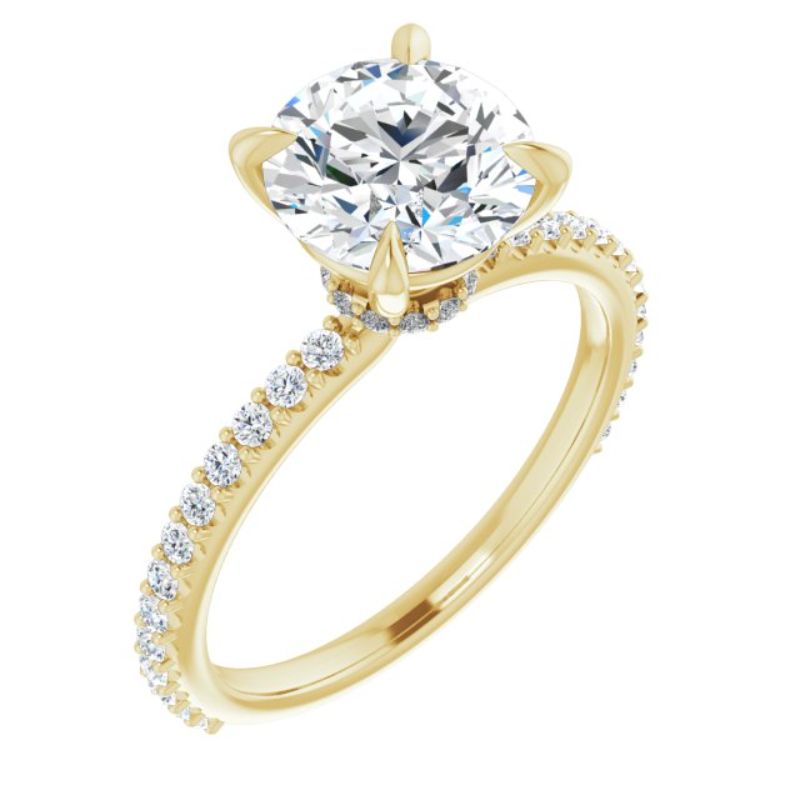 14K Yellow 8 mm Round Forever One Moissanite & 1/3 CTW Diamond Engagement Ring