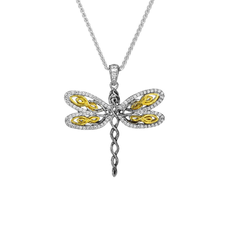 Keith Jack Sterling Silver Rhodium 10k Yellow with White CZ Barked Dragonfly Pendant