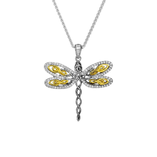 Keith Jack Sterling Silver Rhodium 10k Yellow with White CZ Barked Dragonfly Pendant