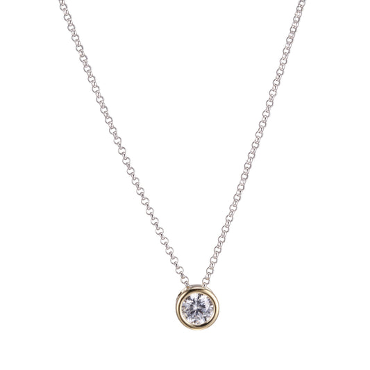 Elle (XWWELLE)Silver Sterling Rhodium Plated GP40 NECK 3A CZ RD 6MM #020 ROLO(1.5MM FROM M441) CHAIN 16'' EXT 2''