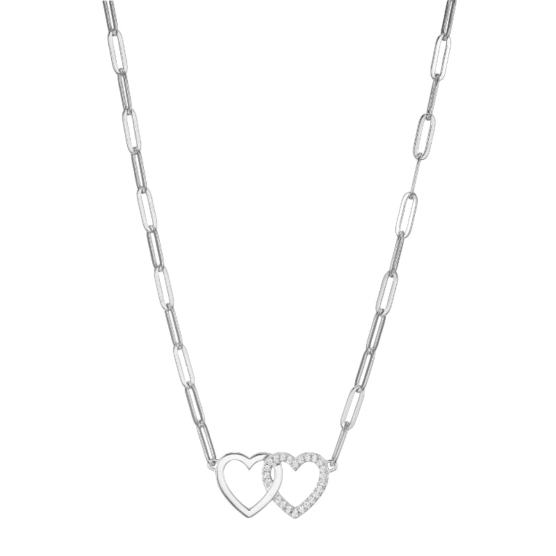 Elle Sterling Silver Necklace made of Paperclip Chain (3mm) and 2 Hearts in Center