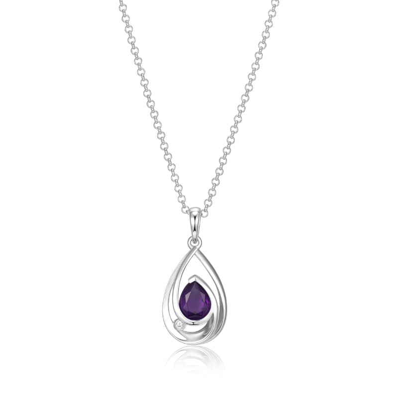 Elle Sterling Silver Necklace with Genuine Africa Amethyst and Mined Diamond (Total Weight 1.5pt, F/C, I-J/I3)