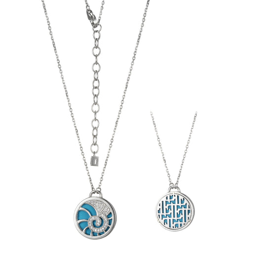 Elle SS ELLE ''PROTECT AQUA'' RHODIUM PLATED 16MM ROUND SYENTHIC TURQUOISE & PAVE CZ OCEAN MOTIF NECKLACE
