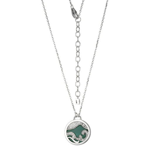 Elle SS ''PROTECT EARTH''  RHODIUM PLATED MALACHITE & PAVE CZ MOUNTAIN MOTIF NECKLACE 18''+ 2'' EXTENSION