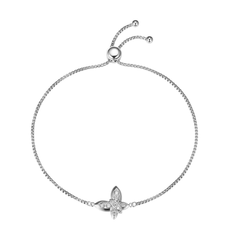 Elle Sterling Silver Bolo Bracelet with CZ Butterfly (12x10mm), Circumference up to 9'', Rhodium Plated