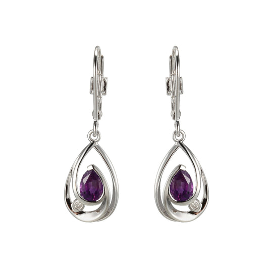Elle Sterling Silver Earrings with Genuine Africa Amethyst (PEarrings Shape 6x4mm) and Mined Diamond (Total Weight 2pt, F/C, I-J/I3), Lever Back, Rhodium Plated
