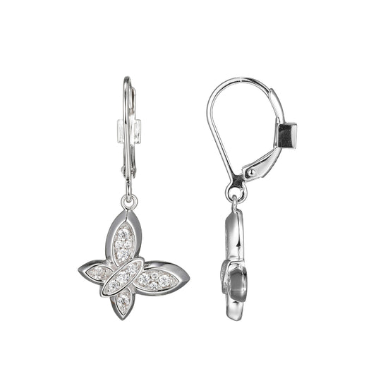 Elle Sterling Silver Earrings with CZ Butterfly (12x10mm), Lever Back, Rhodium Plated